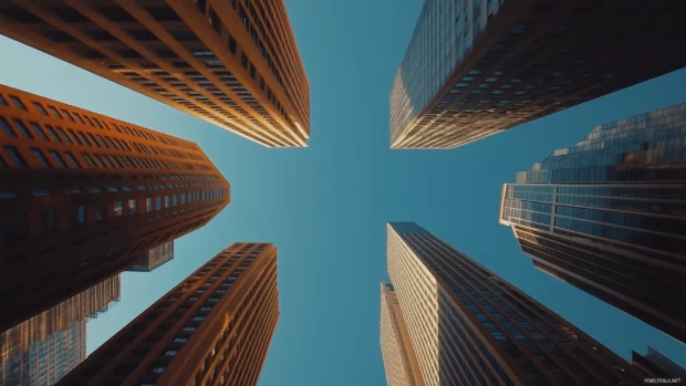 Minimalistic view of tall city buildings with a clear blue sky.