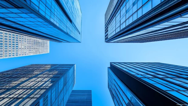 Minimalistic view of tall city buildings with a clear blue sky.