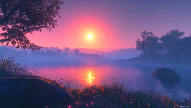 Mist creeps silently over a glowing horizon.