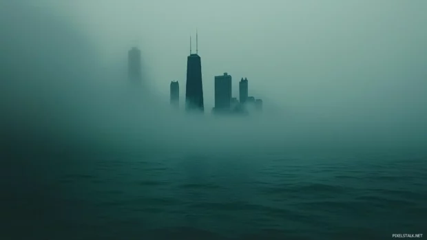 Mist envelopes Chicago skyline, mysterious ethereal view of tallest skyscrapers.
