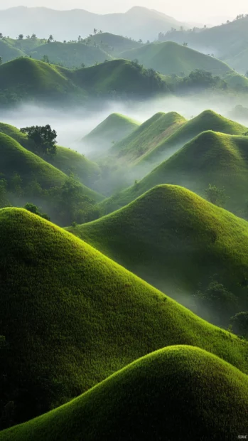 Misty hills glowing under the gentle light of sunrise.