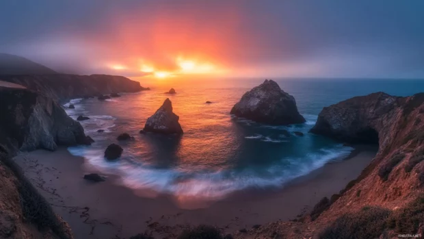 Misty ocean morning with a fiery sunrise breaking through.
