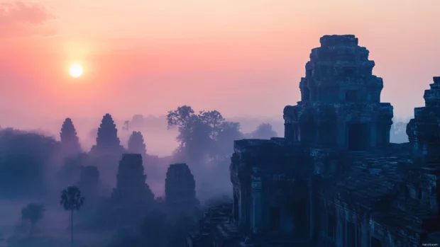 Misty sunrise over ancient ruins, ideal for a sunrise 4K desktop scene.