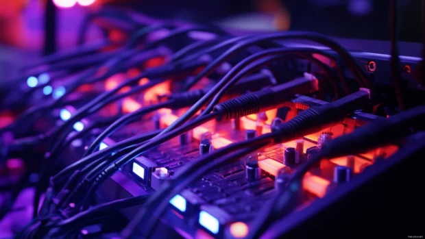 Mixing board full of cables and glowing sliders.