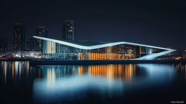 Modern architecture illuminated by city night lights view.