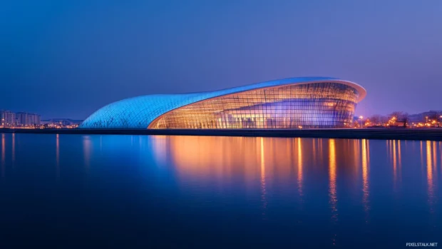 Modern architecture illuminated by urban lights wallpaper.