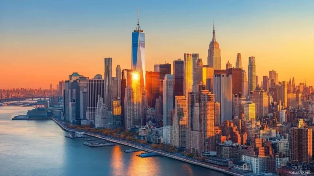 Modern steel and glass of New York City reflect a fading sun.