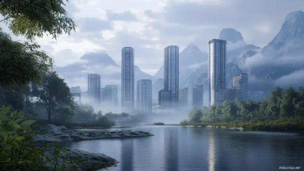 Modern towers in nature, distant mountains, calm river view.