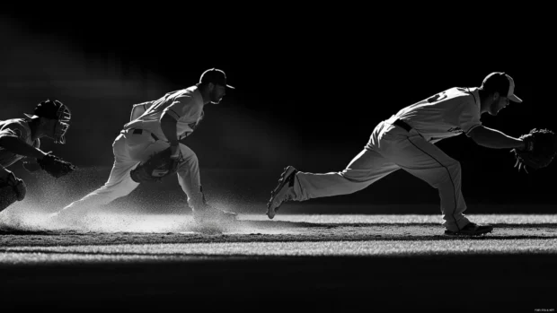 Monochrome baseball action wallpaper, Candid black and white moment during baseball warmups.