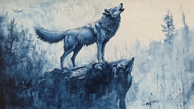 Monochrome blue toned watercolor of a howling wolf atop a brush painted cliffside.