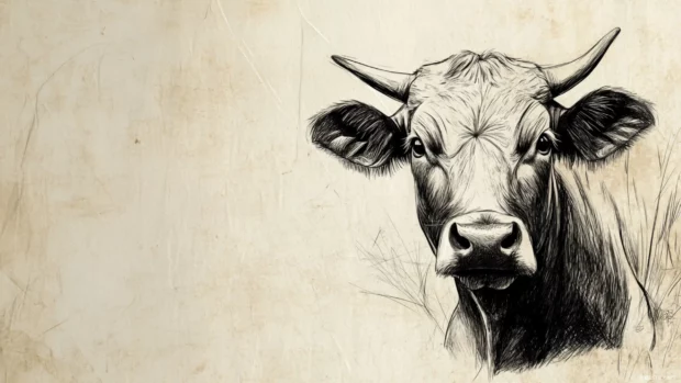 Monochrome sketch of a cow on textured paper background.