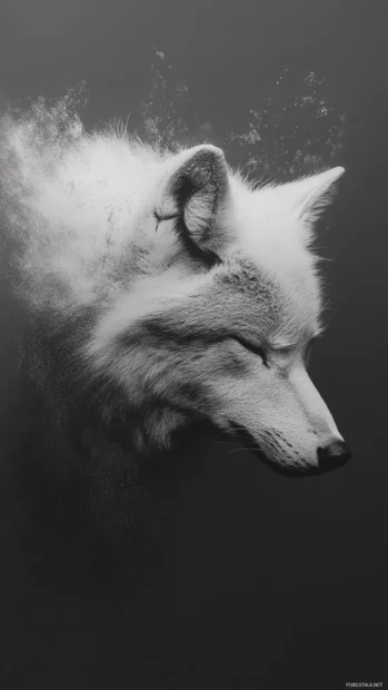 Monochrome wolf wallpaper with a minimalist stroke forming a sleeping wolf shape.