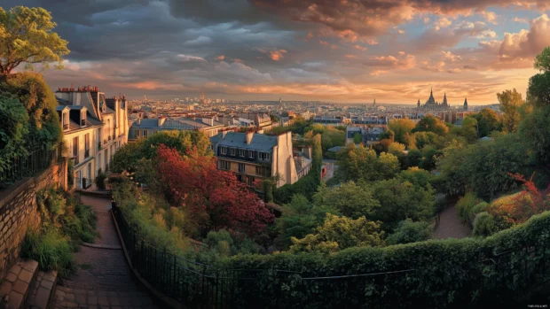 Montmartre offers a panoramic view of Paris, capturing rooftops and landmarks.