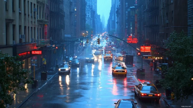 Moody evening downpour in bustling metropolitan city wallpaper.