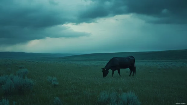 Moody lighting over cow grazing in dusk light.