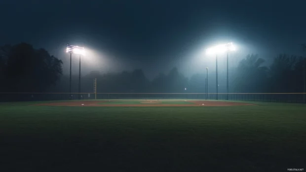 Moody night at the baseball field with overhead floodlights.