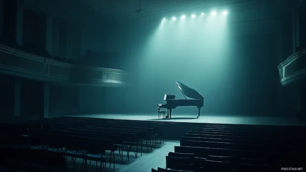 Moody shot of a grand concert hall, with rows of empty seats leading up to a brightly lit stage featuring a lone music stand.