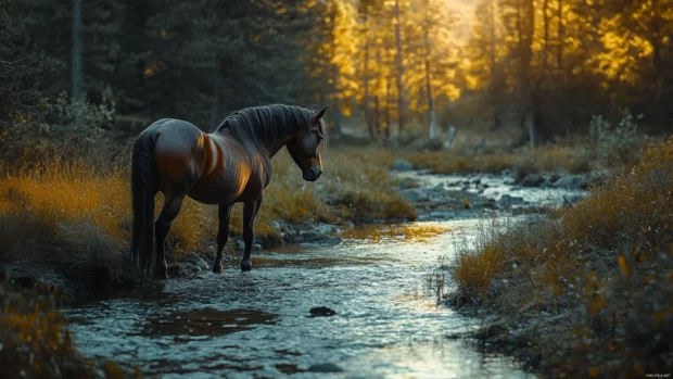 Moonlight cascades over the unicorns mane beside a glassy river.