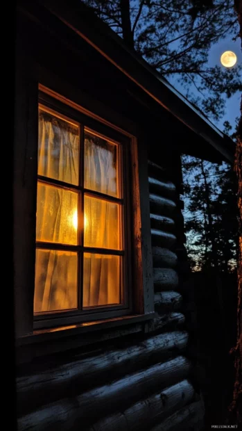 Moonlight meeting warm Light from a cabin window.