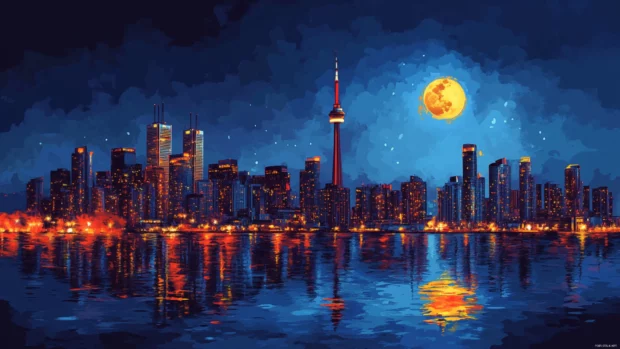 Moonlight mingles with urban brightness across the night city.