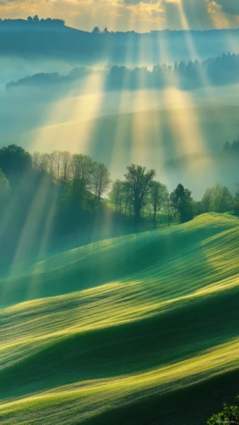 Morning Light Wallpaper for iPhone radiating over dreamy field with dew.