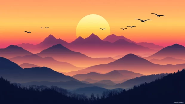 Morning calm with birds in the foreground and a vibrant sunrise spilling over the mountains.