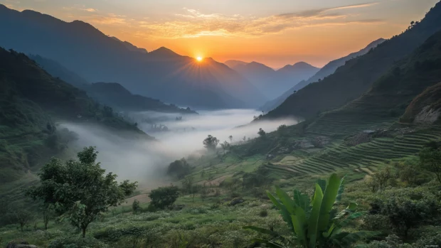 Morning light breaking through fog in a quiet mountain valley, with golden rays illuminating the mist.