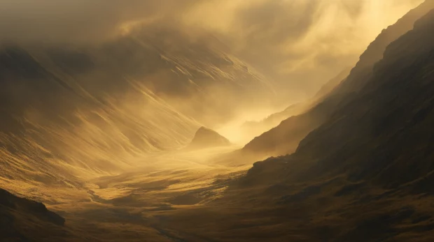 Morning light breaking through fog in a quiet mountain valley, with golden rays illuminating the mist.