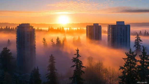 Morning mist glowing with sunlight over a forest sunrise.