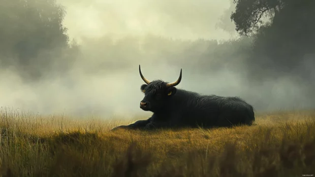 Morning mist surrounds a resting cow in this Highland cow aesthetic background.