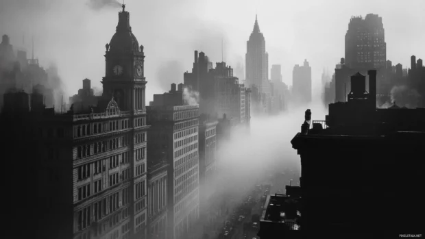 Morning mist wraps around the buildings of New York City.