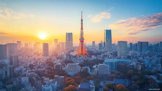 Morning sun breaks over rooftops in Tokyo Cityscape.