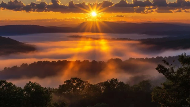 Mountain Sunrise wallpaper casting golden rays across misty peaks.