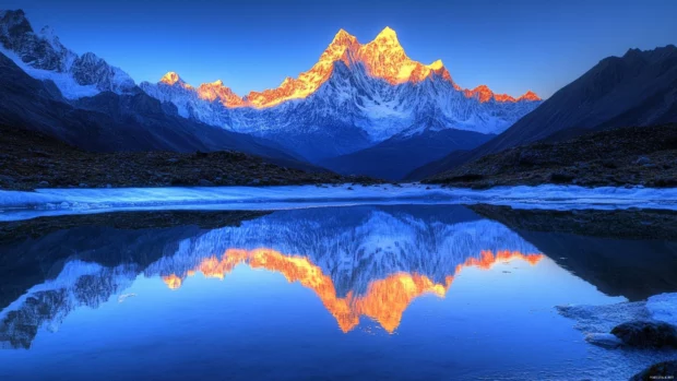 Mountain Sunrise wallpaper revealing icy peaks glowing in dawn light.