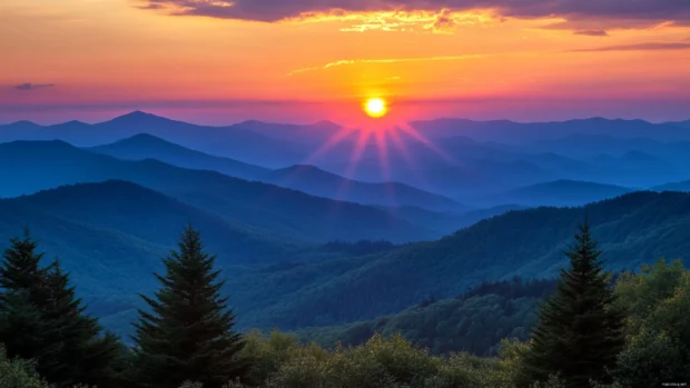 Mountain Sunrise wallpaper with layers of ridges fading into dawn.