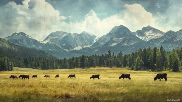 Mountain backdrop behind a herd of grazing cows.