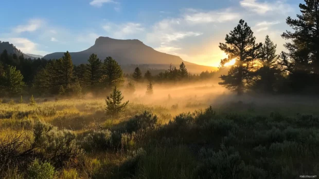 Mountain ridge barely visible through sunrise mist.