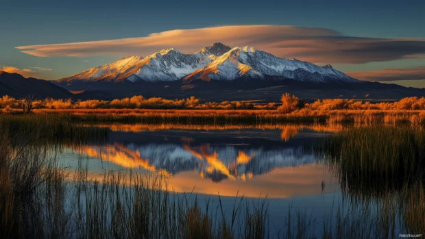 Mountains bask in early light in this Sunrise Wallpaper for Desktop.