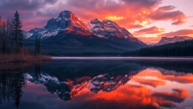 Mountains glowing in a sunrise sky wallpaper.
