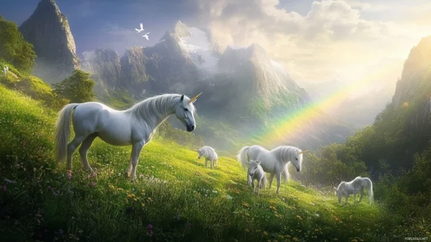 Multiple unicorns grazing in a lush green valley with soft rainbow mist floating over them.