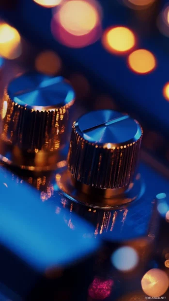 Music control knobs close up in colorful bokeh.