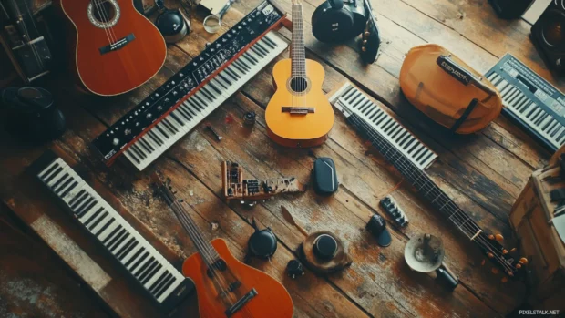 Music instruments arranged on a studio table with morning light.