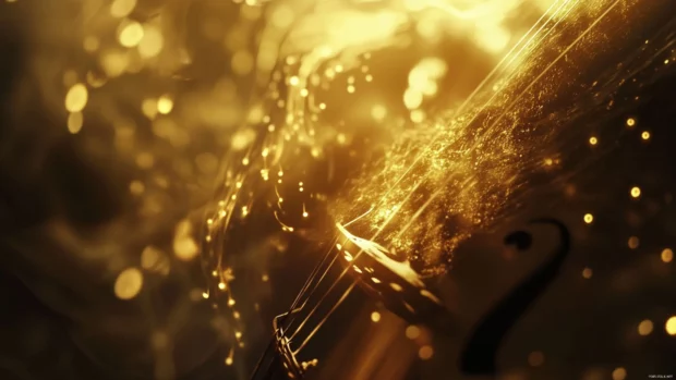 Music notes flowing from a violin under studio lights.