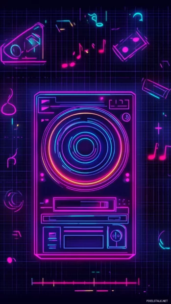 Music player interface drawn in neon line style.