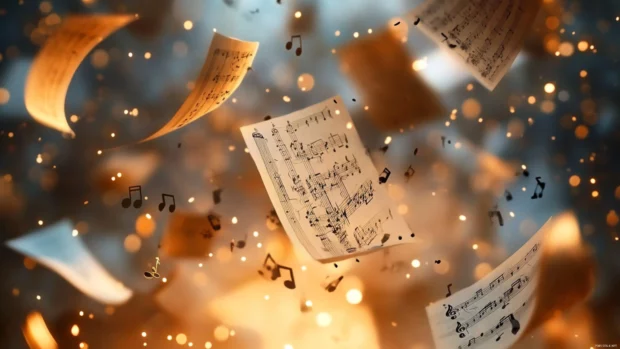 Music sheets flying through the air in a dreamlike setting.