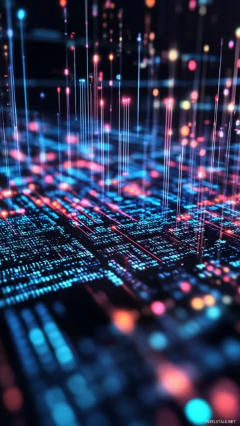 Music streaming through glowing lines of code.