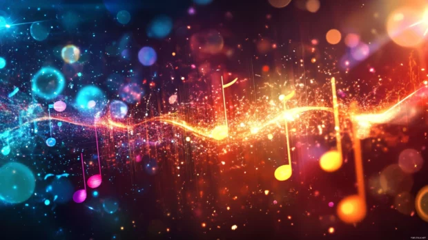 Music theme visualized through particles and light bursts.