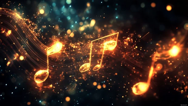 Music wallpaper 4K for Desktop, A crystal clear digital visual of glowing soundwaves on a dark background.