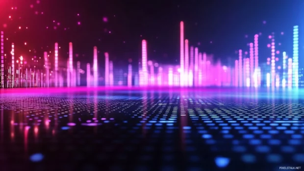 Music wallpaper HD for Desktop, A glowing equalizer pulsing across a dark stage scene.