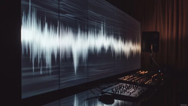 Music waveform displayed on a glass panel in dark room.
